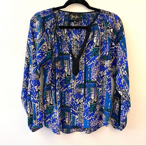 Yumi Kim silk smocked shoulder print long sleeve pullover blouse size XS - Picture 1 of 8